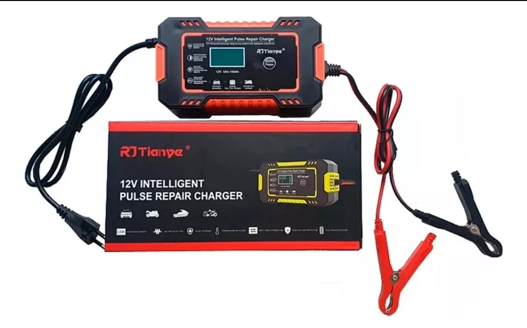 Cargador de batería 12V con su caja, cable y pinzas