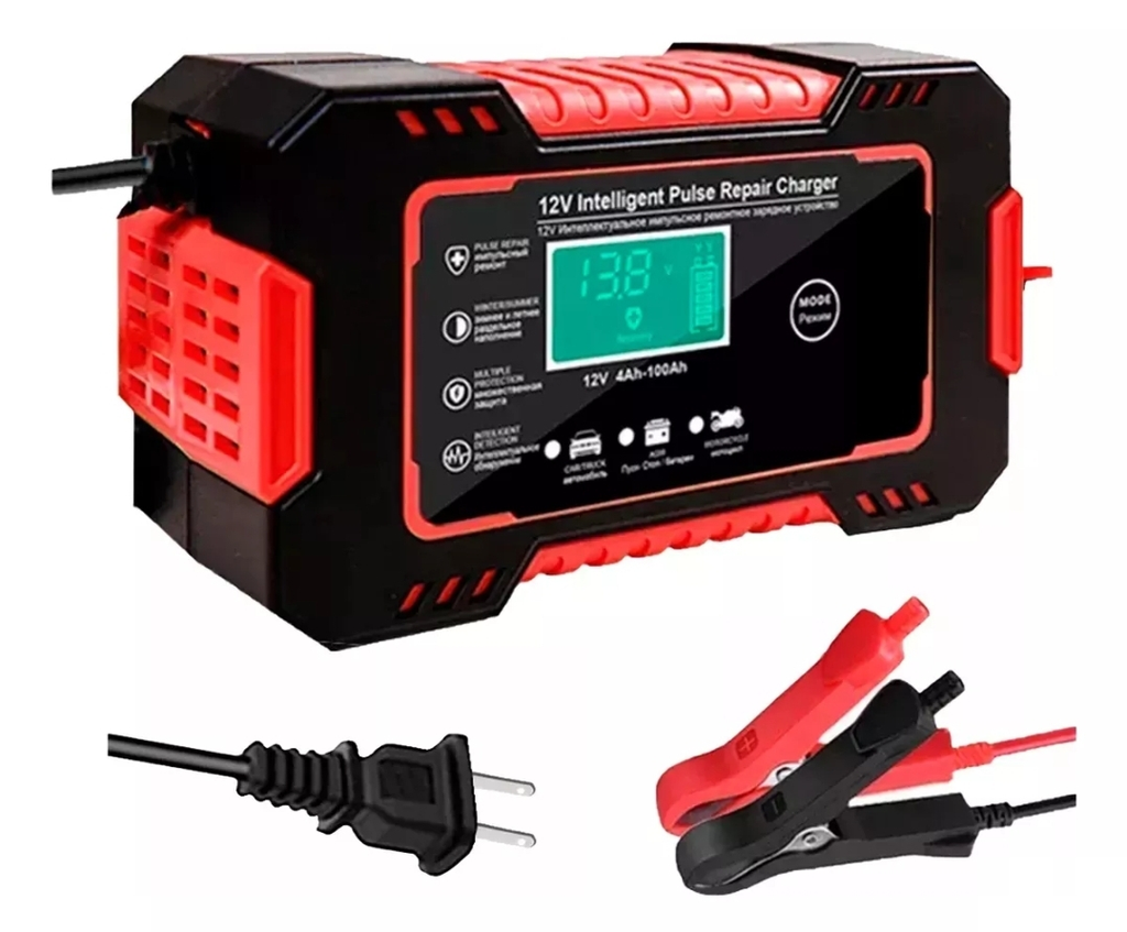Cargador de batería 12V 6A con pantalla LCD y pinzas